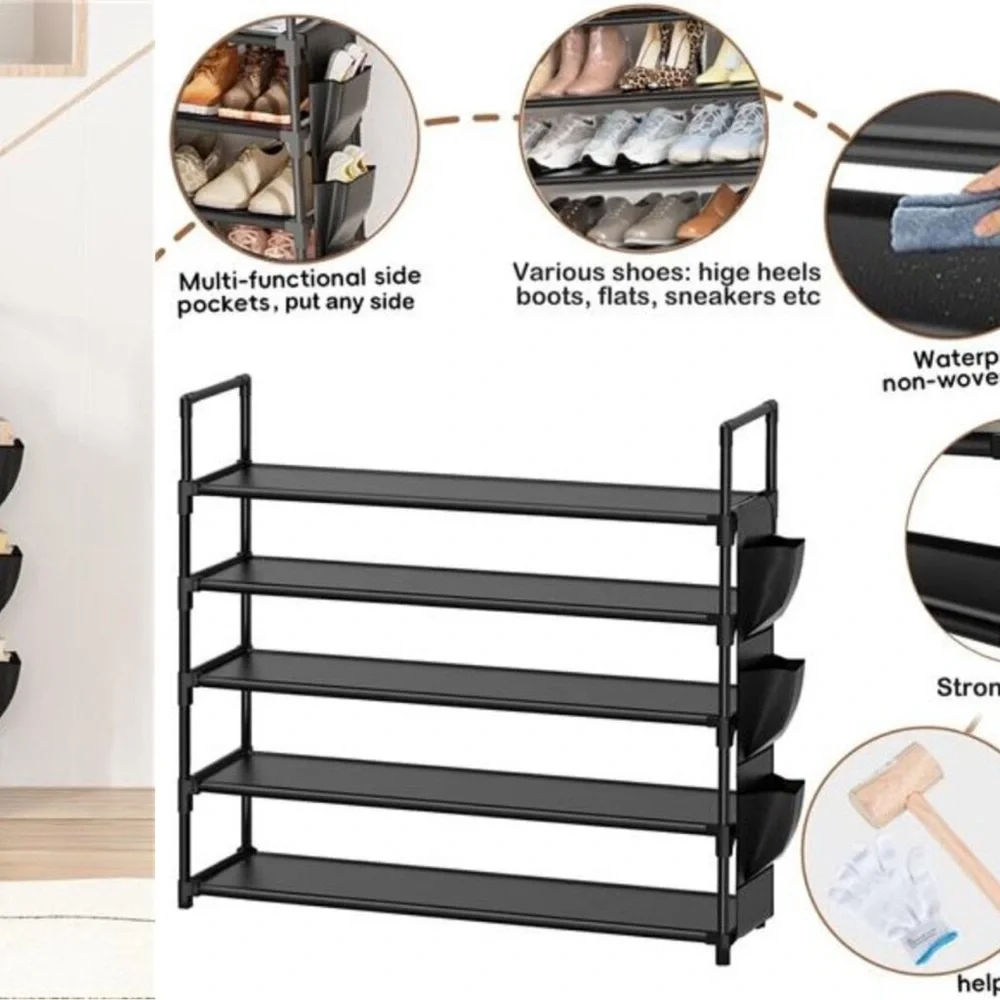 Shoe Rack 5 Tier Organizer Holds 25 Pairs Entryway Closet Storage Black